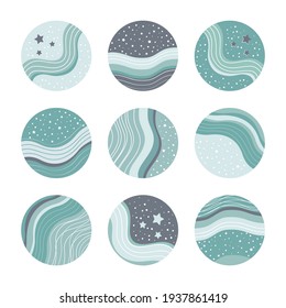 Highlight Icons Set. Instagram Story Icons. Abstract Simple Shapes Covers. Stone Texture, Sea, Space. Modern Minimalist Graphic Design. Green Color.