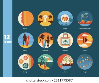 Highlight icons for travel blog. Tropical bright colors. Included the icons - FAQ, behind the scenes, videos, client reviews, new in, man, women. Vibrant collection for social media store account