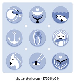 Highlight Instagram icons for fish restaurant and sushi bar featuring mermaid, anchor, chopsticks and wok