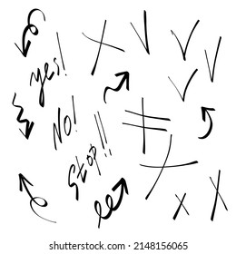 Highlight lines, arrows, check mark, crosses, yes, no, isolated on white background. Marker pen highlighter underline strokes. Vector hand drawn graphic doodle element.