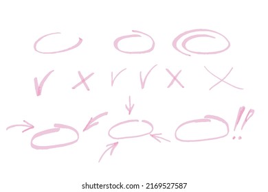 Highlight maker ovals lines, arrows, check, circle, cross, isolated on white background. Marker pen highlight underline strokes. Vector hand drawn graphic doodle element.