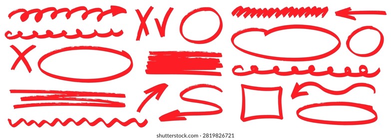 Highlight and marker brush doodles bursting with arrow and line energy. Pen circles, scribble strokes and underlines make every marker underline feel vivid.