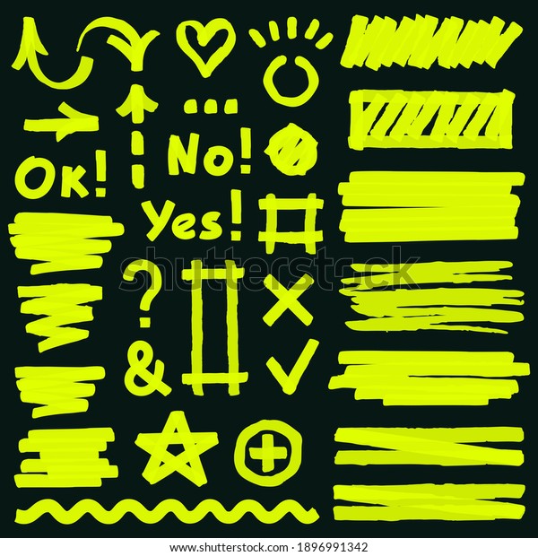 Highlight\
marker elements. Yellow marker lines, arrows, check marks and\
dashed lines. Marker curved lines vector illustration set. Hand\
drawn symbols as tick and cross, heart and\
star