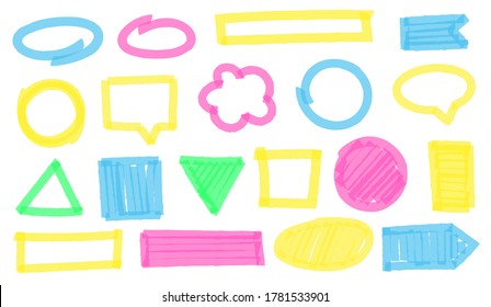 Highlight marker frames. Colorful geometric figures and shapes border as ellipse, square, circle, rectangle and triangle. Bright speech bubble or clouds for text vector illustration