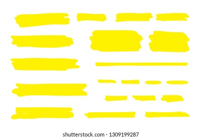 Highlight Marker Line. Brush Pen Underline Stroke, Yellow Hand Drawn Color Graphic Shape. Vector Permanent Marker Lines