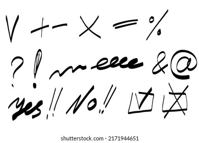 Highlight marker lines, arrows, check mark, crosses, yes, no, isolated on white background. Marker pen highlighter underline strokes. Vector hand drawn graphic doodle element.