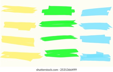 Highlight marker lines. Marker blue green and yellow strokes. Hand drawn marker strokes. Text marker stripes. Text highlights and underlining important notes.