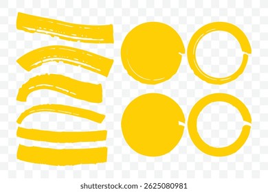 Resalte las líneas de marcador. Líneas de pincel. Juego de pinceles Grunge. Juego de pinceles iluminadores de trazo. Pinte el trazo debajo de las líneas, garabatos, salpicaduras de grunge onduladas. Ilustrador de Vector