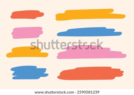 Highlight marker lines. Hand drawn text boxes, highlight, mark. Colored marker lines strokes. Marker stripes