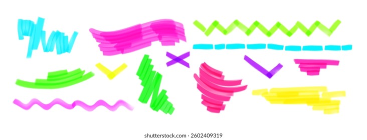 Highlight marker lines set isolated on white background. Vector realistic illustration of color felt pen marks, doodle wave, check, zigzag, cross strokes, bright scribbles for school banner design