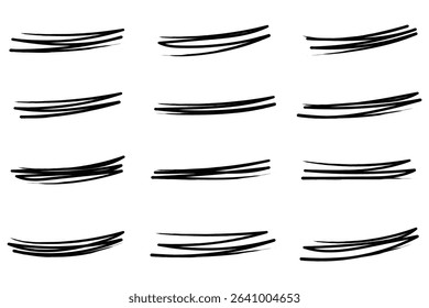Highlight marker lines. text highlighter markers strokes, highlights marking. Permanent marker sketches, ink brush or permanent marker sketch. Marker pen lines hand drawn set. 