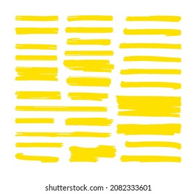 Highlight marker lines. Yellow highlighter marks, scribble brush strokes. Text highlighted, underline marking elements. Vibrant stripes decent vector kit
