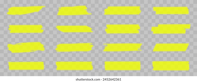 Highlight marker lines. Marker yellow strokes. Hand drawn marker strokes. Text marker stripes. Text highlights and underlining. Brush lines.