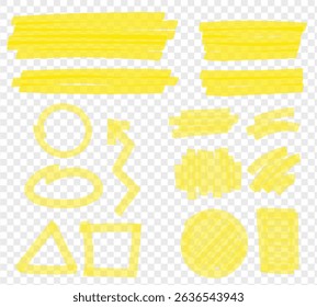 Highlight marker lines, Marker yellow strokes, Hand drawn marker strokes, Text marker stripes. Text highlights and underlining, brush pen hand drawn underline. Highlighter collection, brush lines.