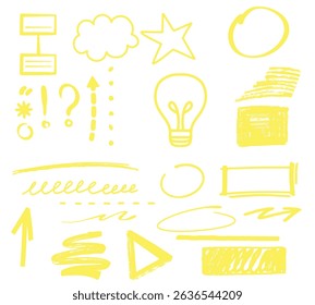 Highlight marker lines, Marker yellow strokes, Hand drawn marker strokes, Text marker stripes. Text highlights and underlining, brush pen hand drawn underline. Highlighter collection, brush lines.