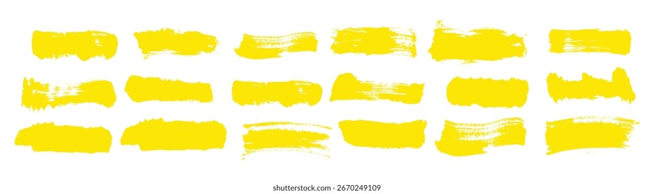 Markierungslinien markieren. Gelbe Markierungsstriche. Handgezeichnete Markierungsstriche. Streifen für Textmarkierungen. Texthighlights und Unterstreichung. Pinselstriche.eps10