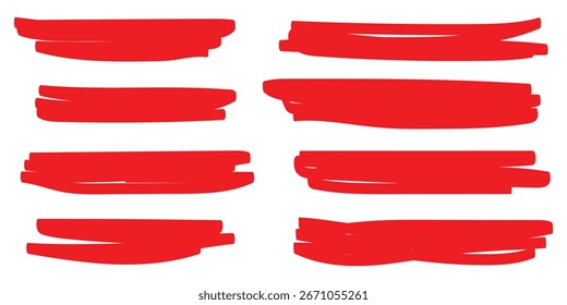 Resalte las líneas de marcador. Marcador de trazos amarillos. Trazos de marcador dibujados a mano. Rayas de marcador de texto. Texto resaltado y subrayado. Líneas de pincel. Cuadros de texto de línea de pincel de Vector de tinta recta. EPS 10. 