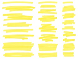 Highlight Marker Lines. Yellow Text Highlighter Markers Strokes, Highlights Marking. Permanent Marker Sketches, Ink Brush Or Permanent Marker Sketch. Isolated Vector Symbols Set