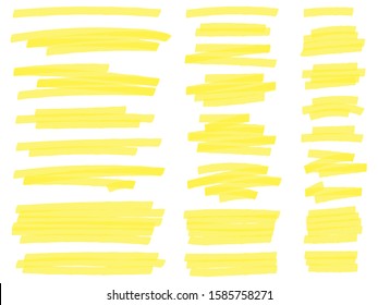 Highlight marker lines. Yellow text highlighter markers strokes, highlights marking. Permanent marker sketches, ink brush or permanent marker sketch. Isolated vector symbols set