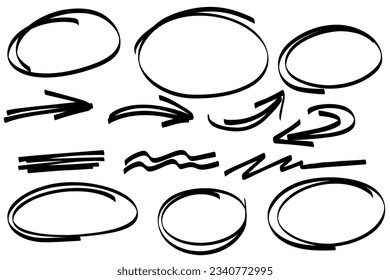 Highlight marker oval frames, arrows, hand drawn lines. Handdrawn underlines scribble doodle circle set. Ovals and ellipses line template. Stock vector illustration isolated on white background.