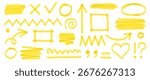 Highlight marker pen set. Hand drawn yellow color highlight with underline, heart, and pen sketch arrow element. Scribble circle shape, check mark sign and dry paintbrush texture. Vector illustration