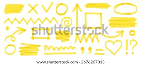 Highlight marker pen set. Hand drawn yellow color highlight with underline, heart, and pen sketch arrow element. Scribble circle shape, check mark sign and dry paintbrush texture. Vector illustration