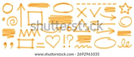 Highlight marker pen set. Hand drawn yellow color highlight with underline, heart, and pen sketch arrow element. Scribble circle shape, check mark sign and dry paintbrush texture. Vector illustration