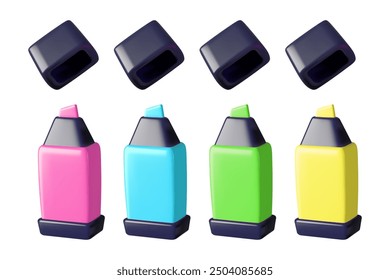 Highlight marker pens 3d realistic vector illustrations set. Different colors office and school stationary elements isolated on white background.