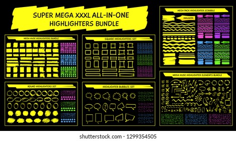 Highlight marker sketchy scribble set vector illustration. Hand drawn square and round highlight frames, cloud bubbles, talk symbols and arrows bundle in felt marker neon colors for every your need