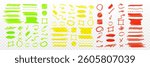 Highlight marker strokes set - hand drawn green, yellow and red lines, shapes and symbols. Sketchy graphic design elements - rectangles and circles, underlines and arrows, crosses and checkmarks.