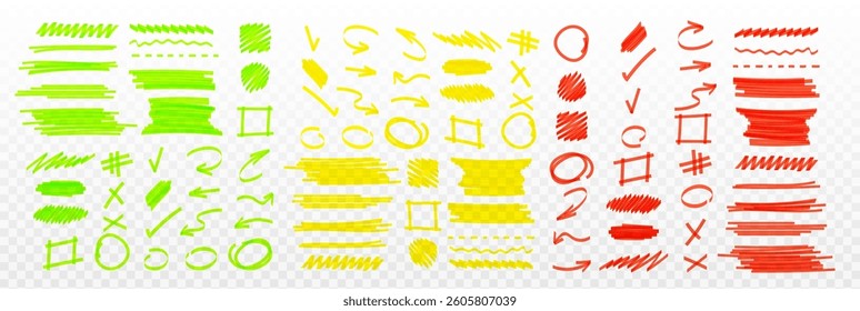 Highlight marker strokes set - hand drawn green, yellow and red lines, shapes and symbols. Sketchy graphic design elements - rectangles and circles, underlines and arrows, crosses and checkmarks.