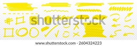 Highlight marker strokes set - hand drawn yellow thin and thick lines, circles, rectangles, underlines and checkmarks. Crayon, felt-tip pen grunge graphic elements for correction, emphasis, selection.