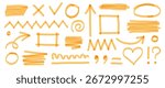 Highlight marker yellow set. Yellow underline mark with hand drawn marker stroke and sketch brush texture. Arrow paint scribble shape, check mark, and pen rectangle frame set. Vector illustration