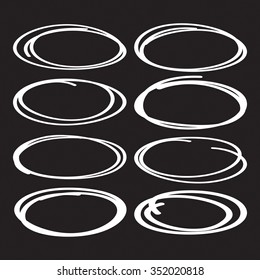 Highlight markers oval shapes isolated on black, white pen circles. Easy to change color.