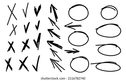 Highlight oval, arrow and check mark. Hand drawn scribble doodle circle set. Ovals and ellipses line template. Stock vector illustration isolated on white background.