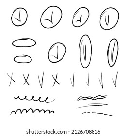 Highlight oval, arrow, check mark and underline. Hand drawn scribble doodle circle set. Ovals and ellipses line template. Stock vector illustration isolated on white background.