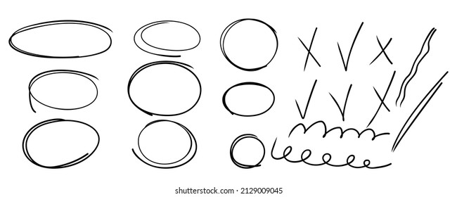 Highlight oval, checkmark and underline. Hand drawn scribble doodle circle set. Ovals and ellipses line template. Stock vector illustration isolated on white background.