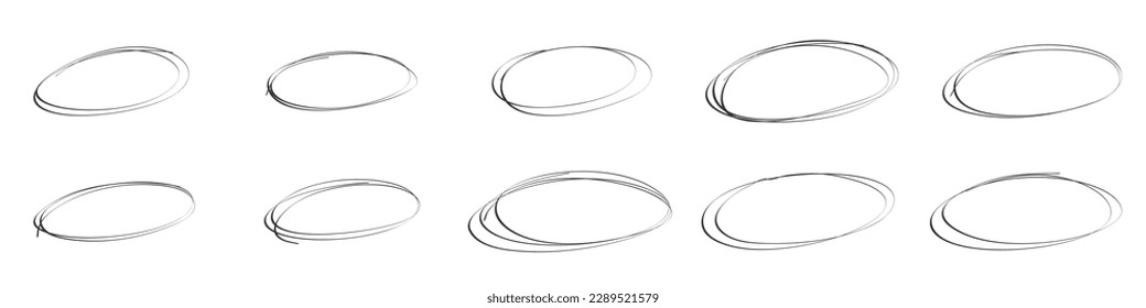 Markieren Sie ovale Rahmen. Doodle handgezeichnete Bleistiftlinien. Rundpinsel. Vektorgrafik einzeln