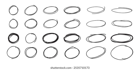 Highlight oval circle hand drawn doodle frames. Free pencil round lines. Round brush mark. Vector illustration