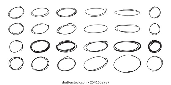 Highlight oval circle hand drawn doodle frames. Free pencil round lines. Round brush mark. Vector illustration