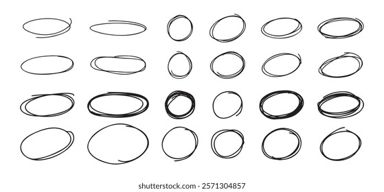 Highlight oval circle hand drawn doodle frames. Free pencil round lines. Round brush mark. Vector illustration