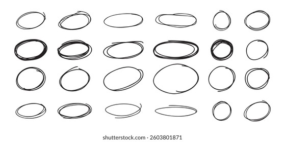 Highlight oval circle hand drawn doodle frames. Free pencil round lines. Round brush mark. Vector illustration
