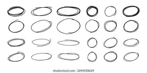 Resalte los marcos de doodle dibujados a mano de círculo ovalado. Líneas redondas de lápiz libre. Marca de pincel redondo. Ilustración vectorial