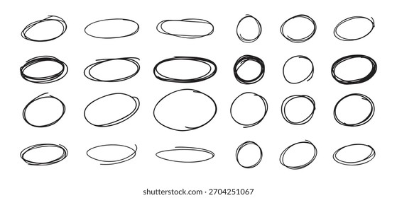 Resalte los marcos de doodle dibujados a mano de círculo ovalado. Líneas redondas de lápiz libre. Marca de pincel redondo. Ilustración vectorial