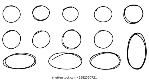 Highlight oval circular doodle frames. Hand drawn pencil crayon set sketch graffiti style. Simple naive line art collection.