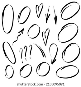 Highlight oval frame, arrow and check mark. Hand drawn scribble doodle circle set. Ovals and ellipses line template. Stock vector illustration isolated on white background.