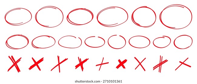 Resalte la línea del marco ovalado, marca de la cruz dibujada a mano. Garabato doodle conjunto de círculos. Plantilla de líneas óvalos y elipses. Ilustración vectorial común aislada en el fondo blanco.
