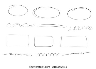 Highlight oval frame, marker arrow, hand drawn underline line. Hand drawn scribble doodle circle set. Ovals and ellipses line template. Stock vector illustration isolated on white background.