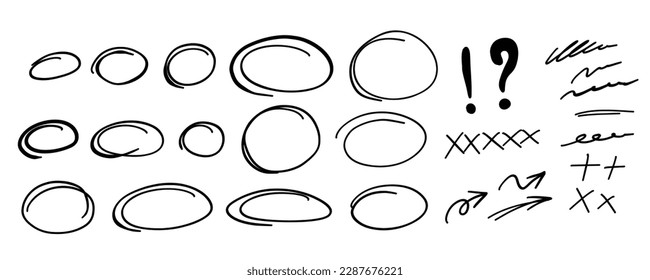 Highlight oval frame, marker arrow, hand drawn underline line. Hand drawn scribble doodle circle set. Ovals and ellipses line template. Stock vector illustration isolated on white background.