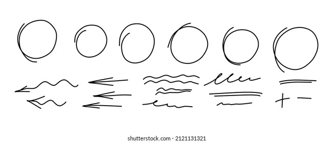 Highlight oval frames, arrows, underline. Hand drawn scribble circle set. Doodle ovals and ellipses line template. Stock vector illustration isolated on white background.